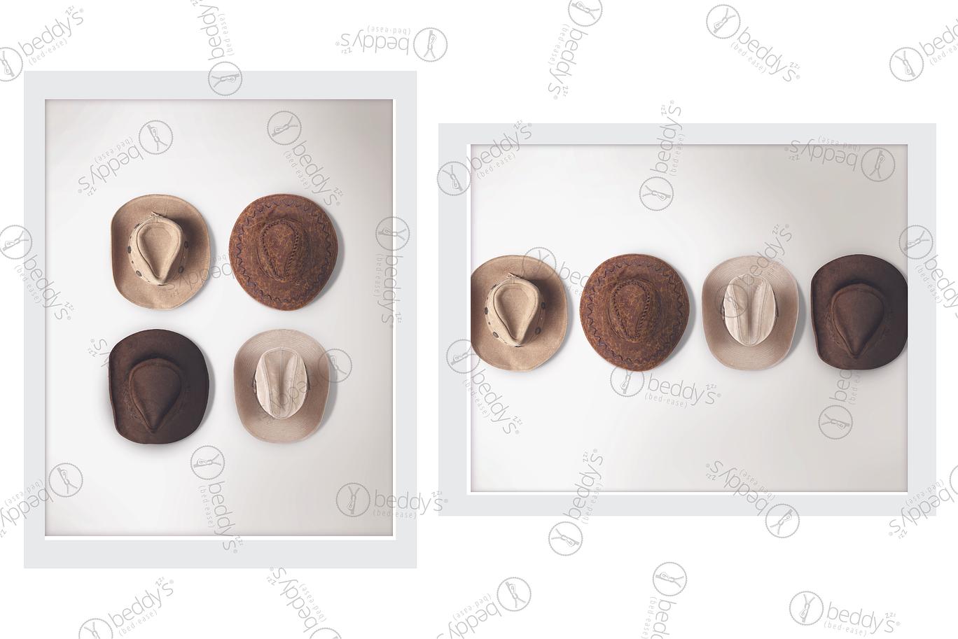 Two sets of digital artworks showcased in frames of a variation of brown cowboy hats.