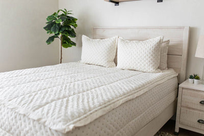A bed made with cream embroidered zipper bedding with matching pillows.