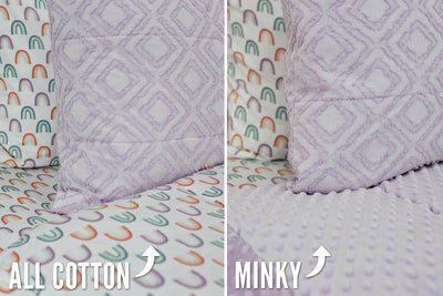 side by side comparison photo of purple textured bedding, with rainbow pillowcase, one showing minky interior, the other showing cotton interior