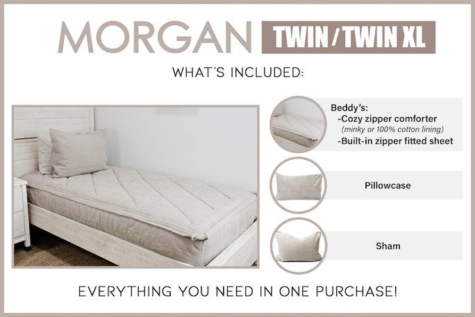 Graphic showing twin/twin XL includes beddy's comforter with coordinating pillowcase and sham