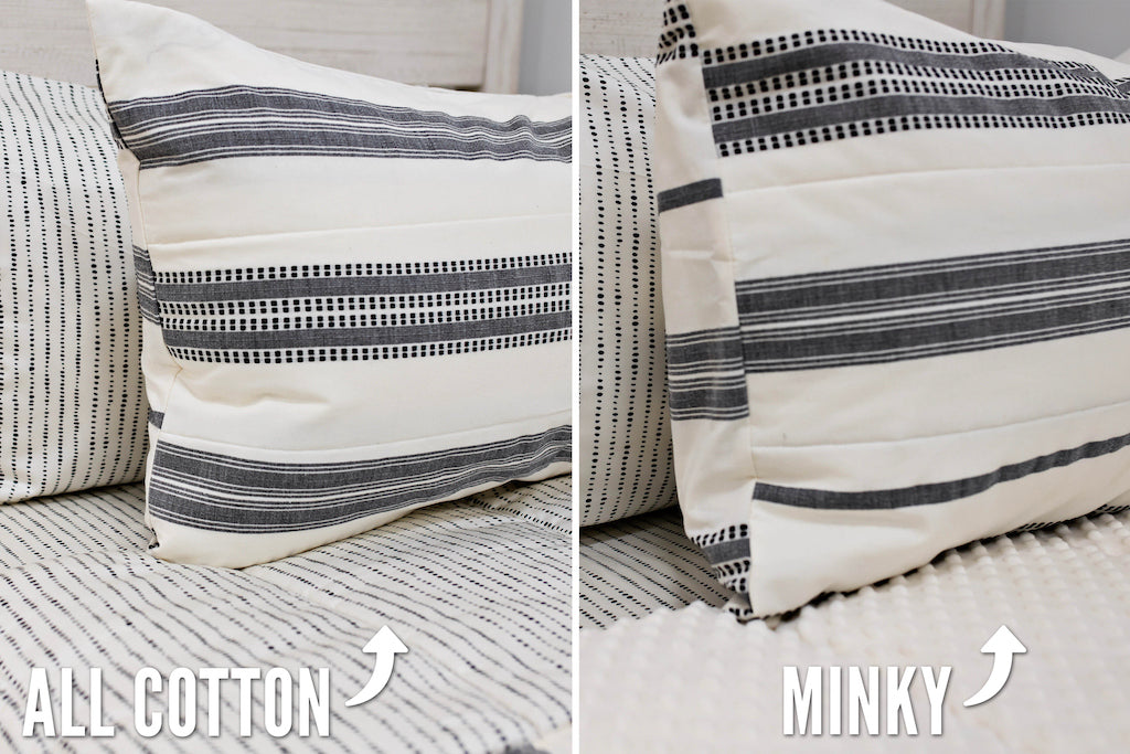 side by side comparison photo of cream and black woven striped bedding, cream and black dotted striped sheets, one side showing cream minky interior, the other showing cotton interior