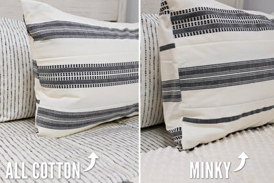 side by side comparison photo of cream and black woven striped bedding, cream and black dotted striped sheets, one side showing cream minky interior, the other showing cotton interior
