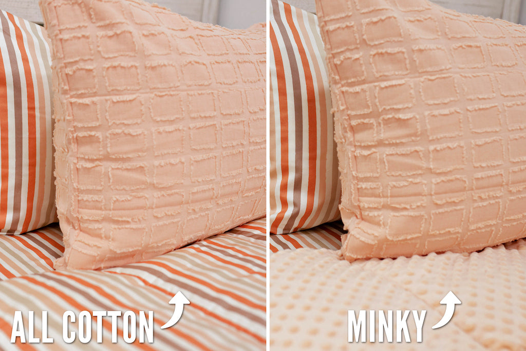 side by side comparison photo of peach bedding with texturized rectangle design, orange and cream striped sheets one side showing peach minky interior, the other showing cotton interior