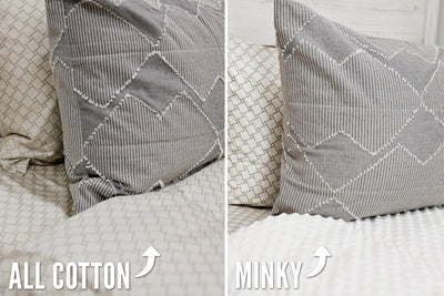 side by side comparison photo of taupe bedding with textured zig zag design, cream sheets with diamond pattern and dark cream minky interior, the other showing cotton interior
