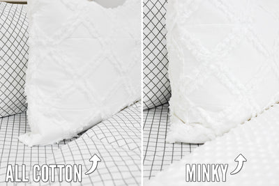 side by side comparison photo of white bedding with texturized diamond design, white sheets with green diamond design pattern one side showing white minky interior, the other showing cotton interior