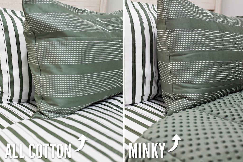 side by side comparison photo of green striped bedding, white sheets with green stripes, one side showing olive green minky interior, the other showing cotton interior