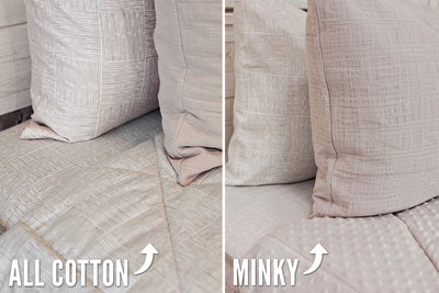 side by side comparison photo of tan textured bedding with white and tan sheets one side showing tan minky interior, the other showing cotton interior