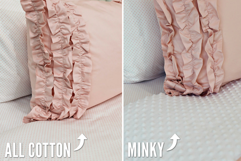 side by side comparison photo of blush pink ruffle bedding with white and pink polka dot sheets one side showing white minky interior, the other showing cotton interior