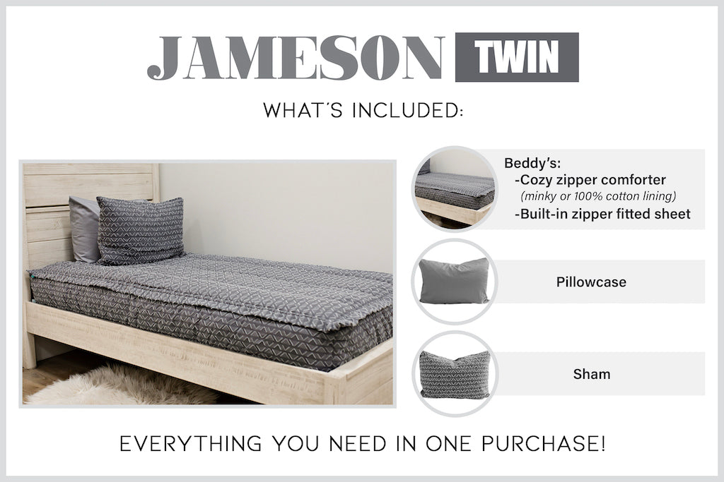 Graphic showing twin includes Beddy's comforter set with coordinating pillowcase and sham