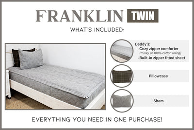 graphic showing twin includes Beddy's comforter set with coordinating pillowcase and sham