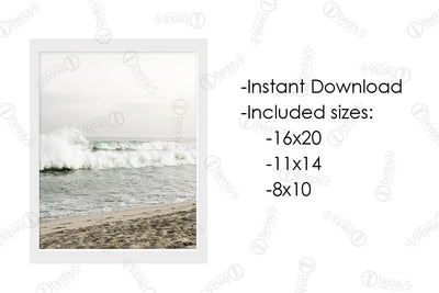 An infographic explaining the beach with a wave coming into the sand digital artwork size dimensions and that it's an instant download. 