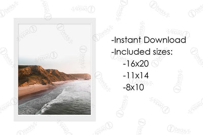 An infographic explaining the island with a beach at sunset digital artwork size dimensions and that it's an instant download. 