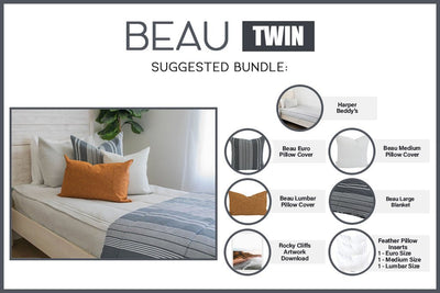 An infographic explaining what comes in a suggested twin zipper bedding bundle purchase, including your all in one bedding set, decorative pillows, blanket, and digital artwork.