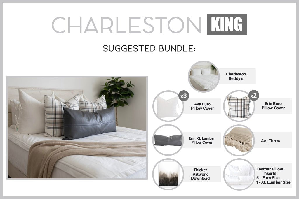 An infographic explaining what comes in a suggested king zipper bedding bundle purchase, including your all in one bedding set, decorative pillows, blanket, and digital artwork.