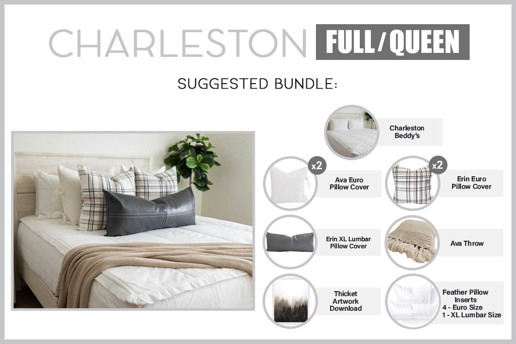 An infographic explaining what comes in a suggested full/queen zipper bedding bundle purchase, including your all in one bedding set, decorative pillows, blanket, and digital artwork.