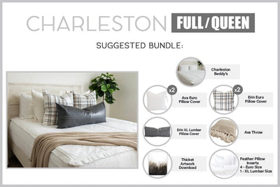 An infographic explaining what comes in a suggested full/queen zipper bedding bundle purchase, including your all in one bedding set, decorative pillows, blanket, and digital artwork.