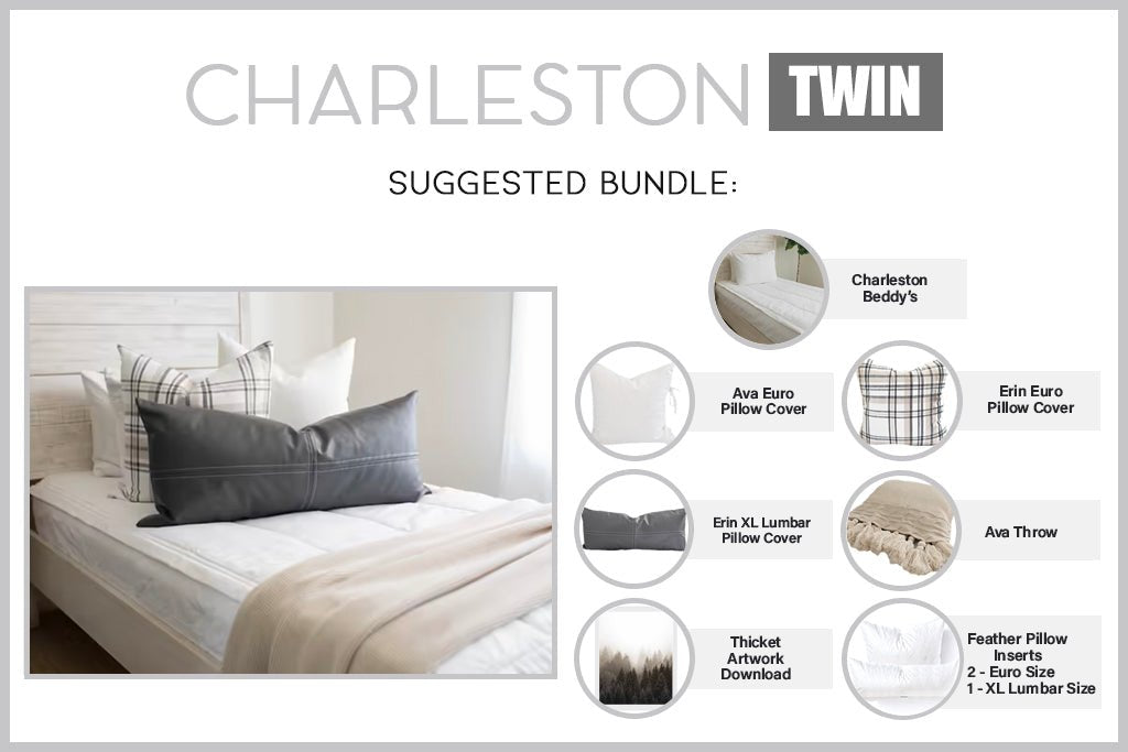 An infographic explaining what comes in a suggested twin zipper bedding bundle purchase, including your all in one bedding set, decorative pillows, blanket, and digital artwork.