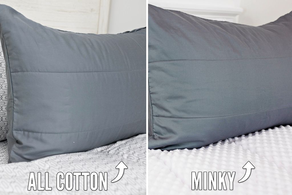 side by side comparison photo of gray bedding with white sheet with gray patterned sheets one side showing white minky interior, the other showing cotton interior