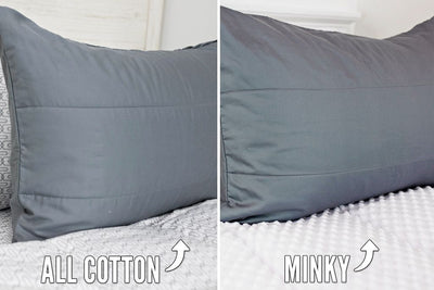 side by side comparison photo of gray bedding with white sheet with gray patterned sheets one side showing white minky interior, the other showing cotton interior