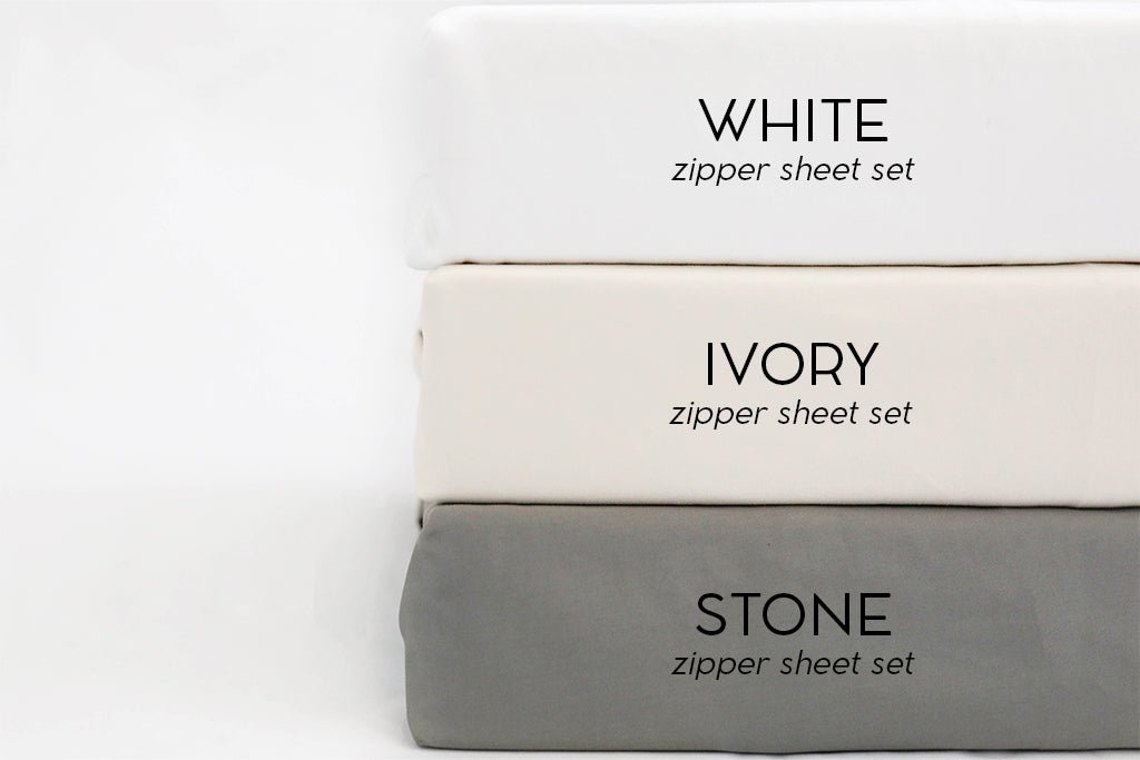 An infographic labeling the color options for zipper sheet sets which includes white, ivory, and stone.